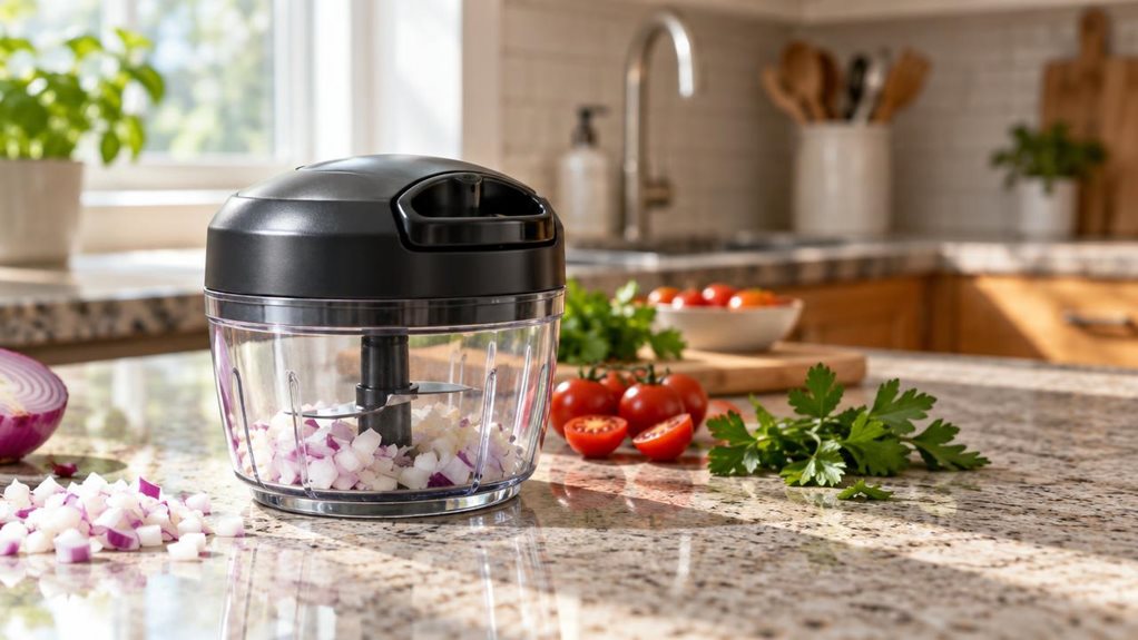A photograph of a compact mini food chopper resting on a sunlit kitchen countertop, its clear plastic bowl and black lid catching soft morning light from a nearby window. The scene is horizontally composed in a 16:9 landscape, capturing the chopper slightly off-center to the left, surrounded by a scattering of fresh ingredients—diced onions, a few cherry tomatoes, and a sprig of parsley—suggesting recent use without any hands or motion in frame. The background blurs gently in