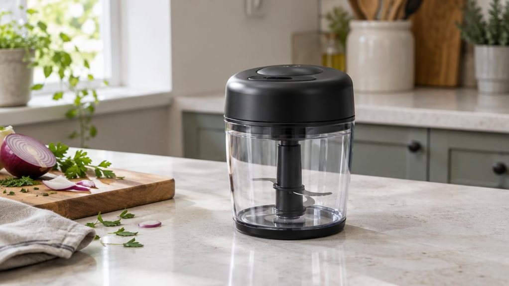 A photograph of a single compact black mini food chopper resting on a light stone kitchen counter, composed as a horizontal 16:9 landscape scene. The chopper is the clear hero, with a transparent bowl showing its central blade assembly and a neatly fitted dark lid; its realistic proportions and understated controls suggest a practical everyday appliance. Nearby, a small wooden cutting board holds a few casually scattered pieces of onion and herbs, with a folded linen towel ad