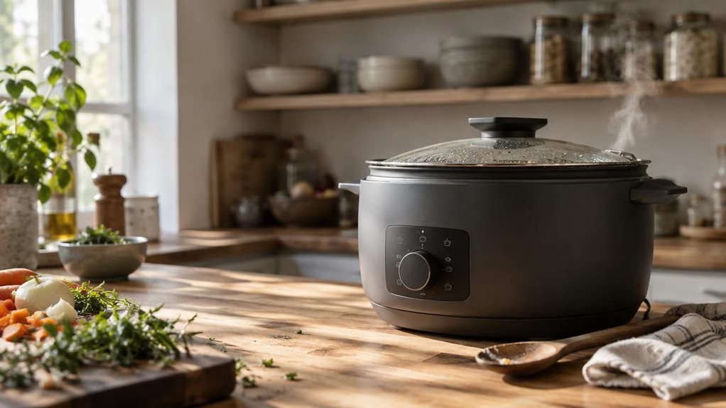 A photograph of a spacious modern kitchen countertop, bathed in soft afternoon light streaming through a nearby window. The hero of the scene is a large, matte charcoal-grey multi-cooker with a rounded, sleek silhouette, its glass lid slightly fogged from recent use, resting casually off to one side. Steam faintly rises from the edge, catching the sunlight in a delicate wisp. Beside it sits a worn wooden spoon and a folded linen towel, suggesting mid-cooking preparation rathe