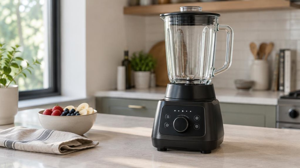 A photograph of a single hot-and-cold countertop blender in a softly lit, modern home kitchen, composed horizontally in a 16:9 landscape frame. The blender is the clear hero, resting naturally on a pale stone countertop beside a folded linen tea towel and a small bowl of fresh fruit. Its clear glass jug, sturdy dark base, subtle control panel, and fitted lid are rendered with realistic materials and fine detail, with no visible branding. The scene feels candid and observation