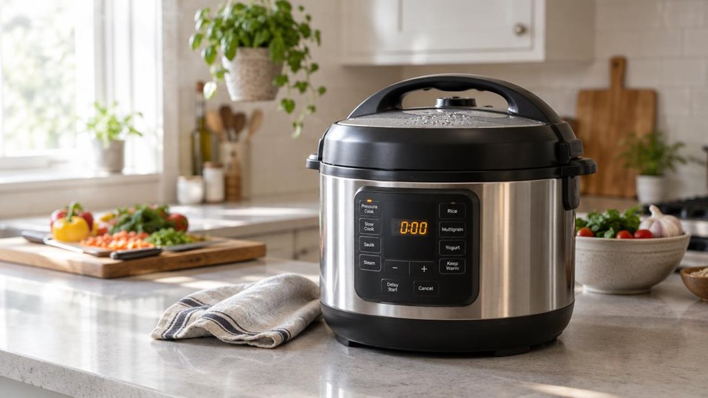 A photograph of a sleek black and stainless steel multi-cooker resting on a quartz kitchen countertop, positioned slightly right of center within a horizontally framed 16:9 composition. Soft morning light streams in from a nearby window, casting a gentle glow across the brushed metal lid and control panel, highlighting subtle reflections without harsh glare. The digital display shows a faint, warm glow, suggesting a recently completed cooking cycle. Condensation lightly fogs 