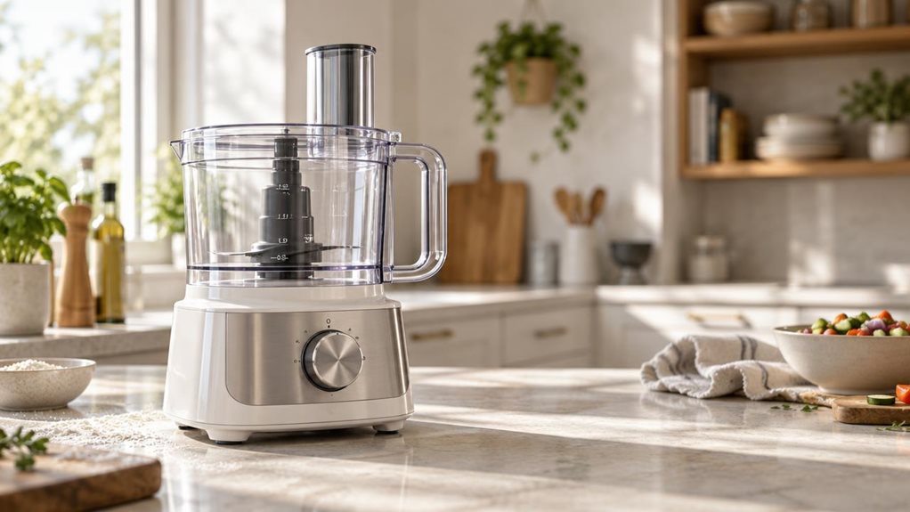A photograph of a sleek white and brushed-silver food processor resting on a quartz kitchen countertop, its 2.1L bowl catching soft daylight streaming in from a nearby window. The scene is horizontally composed in a 16:9 landscape frame, capturing the appliance slightly off-center to the left, allowing negative space to breathe on the right where a linen towel and a small bowl of chopped vegetables sit blurred in the background. Morning light falls diagonally across the count