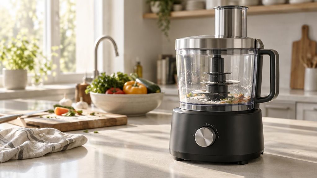 A photograph of a sleek 2.1-liter food processor resting on a quartz kitchen countertop, positioned slightly off-center to the right within a horizontally composed 16:9 frame. The matte black base and clear polycarbonate bowl catch soft morning sunlight streaming through a nearby window, casting gentle reflections across the brushed metal lid and control dial. The multi-blade attachment sits visible inside the bowl, with a light dusting of flour and a few chopped vegetable sc
