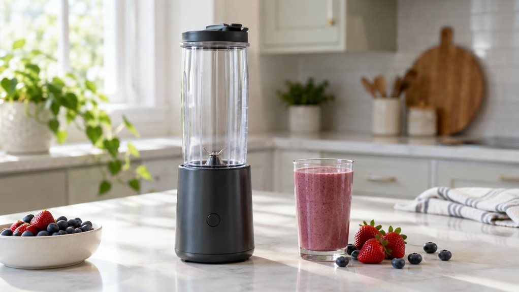 A photograph of a single slim personal smoothie maker resting naturally on a bright kitchen counter, composed horizontally in a 16:9 landscape frame. The compact blender has a clear blending cup with a subtle, realistic sheen, a neatly fitted lid, and a simple dark motor base with clean, unmarked controls. Beside it sits a glass of berry smoothie and a few casually scattered strawberries and blueberries, suggesting everyday use without showing the appliance in action. Soft wi