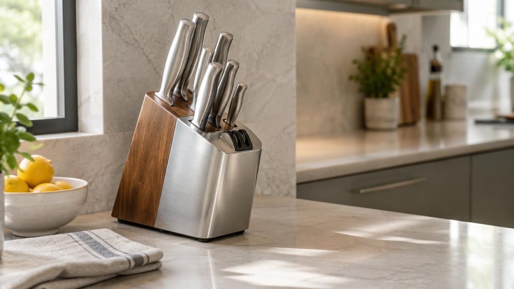 A photograph of a single stainless steel knife set resting on a clean kitchen countertop, composed horizontally in a 16:9 landscape frame. The knife block is the clear hero, positioned naturally beside a pale stone backsplash, with several polished knife handles visible and a built-in sharpening mechanism subtly integrated into the block. A folded linen towel and a small bowl of lemons sit nearby, lending the scene an understated, lived-in feel without distracting from the pr