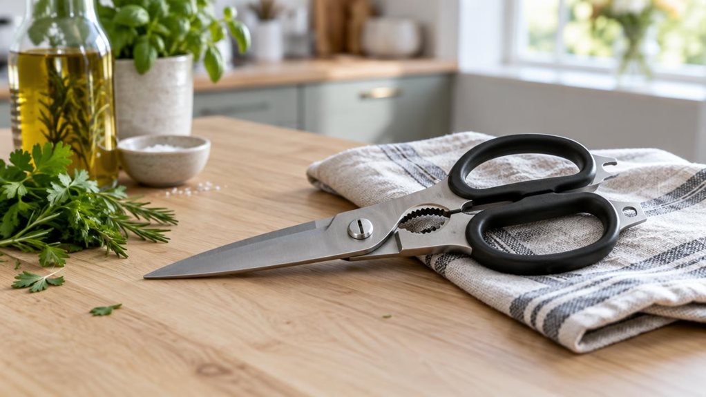 A photograph of a single pair of stainless-steel kitchen scissors resting naturally on a pale oak countertop in a bright, modern home kitchen. The scissors are the clear hero of the scene, angled slightly across a folded linen tea towel, with sturdy metal blades, dark ergonomic handles, and a small integrated bottle opener visible near the pivot. Nearby, a glass bottle and a few fresh herbs suggest their everyday kitchen use without making the scene feel staged. The horizonta