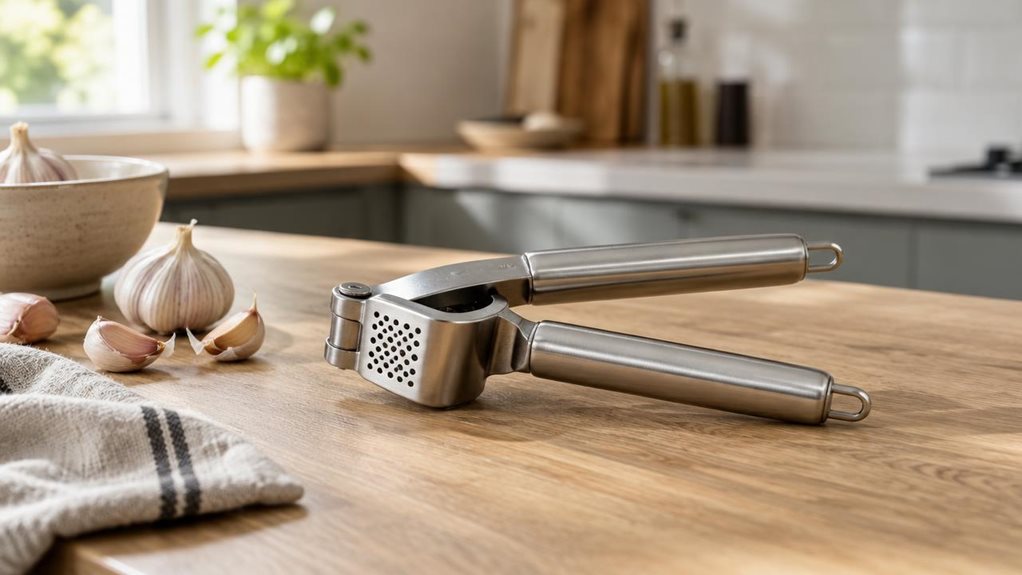 A photograph of a single stainless-steel garlic press set resting naturally on a light oak kitchen countertop, framed in a horizontally composed 16:9 landscape scene. The product is heroed in a clean, modern home kitchen with soft morning light drifting in from a nearby window, creating gentle highlights on the brushed metal and subtle shadows beneath it. A small linen towel, a ceramic bowl, and a few scattered garlic cloves sit nearby, adding quiet context without distractin