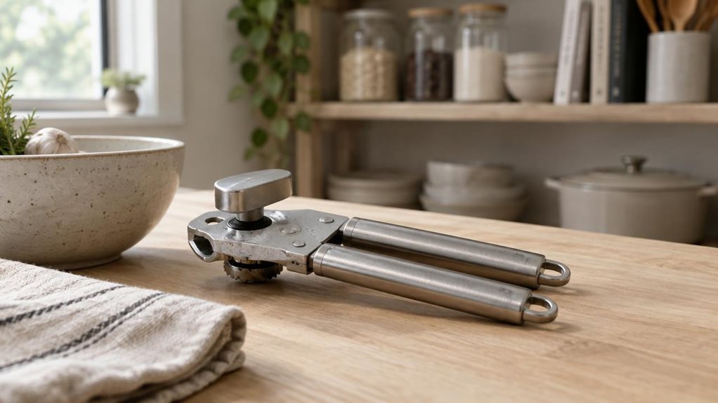 A photograph of a sleek stainless-steel manual tin opener resting casually on a pale oak kitchen counter in a modern, minimalist home. The horizontally composed 16:9 landscape frame shows the tool heroed in the foreground, angled slightly beside a ceramic bowl, a folded linen dish towel, and a softly lit pantry backdrop. The opener has a polished metal body, a clean turning knob, and subtle wear that suggests real everyday use, but it is not being handled or in motion. Natura