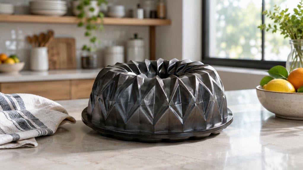 A photograph of a single cut-crystal Bundt pan resting on a pale stone kitchen counter, its intricate geometric ridges catching the soft morning light. The dark, heavy-cast pan is the clear hero of a horizontally composed 16:9 landscape scene, with a folded linen towel and a small bowl of citrus nearby suggesting a well-used home kitchen. In the softly blurred background, modern open shelving and a sunlit window create a calm, natural setting. The framing feels candid and obs