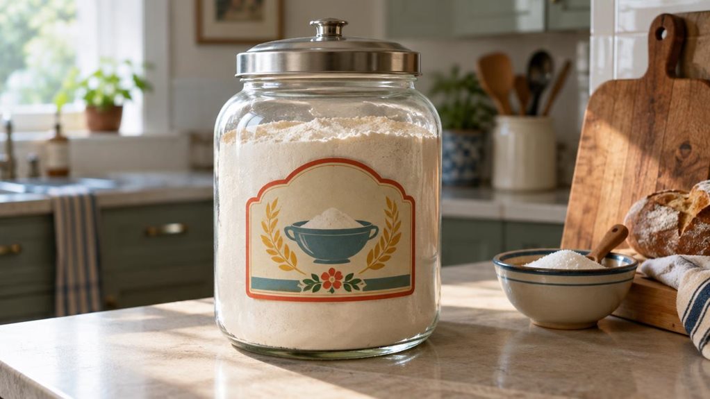 A photograph of a single XL retro-style storage jar resting on a kitchen counter, composed as a 16:9 landscape scene. The jar is the clear hero, with a rounded glass body, a snug metal lid, and a colorful vintage-inspired label featuring simple decorative graphics but no readable branding. It sits naturally beside a wooden breadboard and a small bowl of sugar, with a few everyday kitchen details softly visible in the background. The framing feels candid and observational, as 