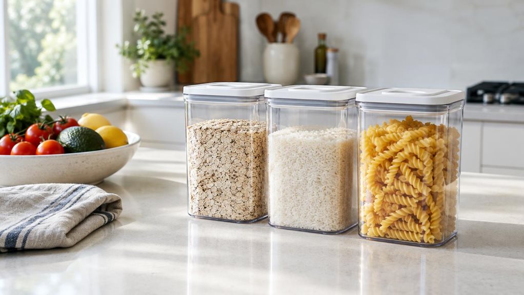 A photograph of a single set of three clear storage containers arranged neatly on a pale kitchen counter, with their simple airtight lids resting in place. The containers sit beside a bowl of fresh produce and a folded linen towel, making the scene feel naturally at home in a bright, modern kitchen. Their transparent sides reveal dry goods in varied textures—such as oats, rice, and pasta—while soft reflections show the clarity of the material and the subtle contours of each l