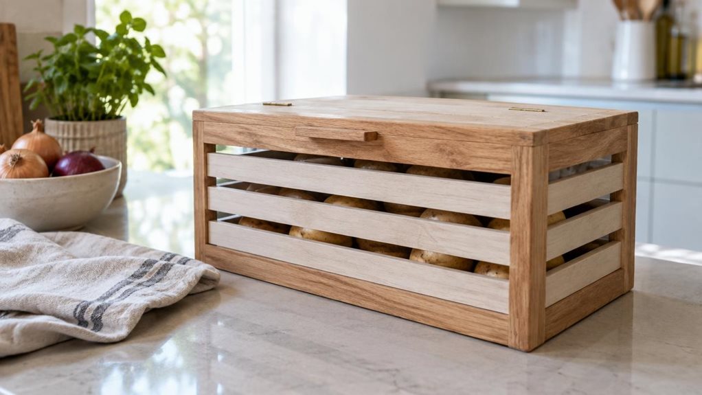 A photograph of a single unbranded vegetable storage box resting on a kitchen counter in a bright, modern home. The rectangular container has a natural wood frame, pale slatted sides, and a simple hinged lid, with a few potatoes visible through the openings. It sits beside a folded linen tea towel and a small bowl of onions, suggesting everyday kitchen use without looking staged. The 16:9 landscape composition frames the box as the clear hero, viewed at counter height with a 