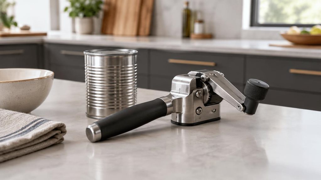 A photograph of a heavy-duty manual crank can opener resting naturally on a clean, modern kitchen countertop in a horizontally composed 16:9 landscape scene. The opener is the clear hero of the frame, positioned beside a few everyday pantry items—an unopened tin can, a ceramic bowl, and a folded linen towel—suggesting quiet, practical use rather than an action shot. Its brushed metal body, sturdy handle, and textured crank wheel are rendered with crisp detail, catching soft w