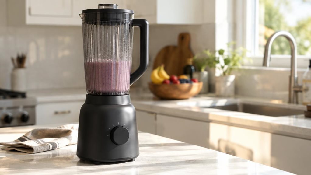 A photograph of a sleek, matte black countertop blender standing on a light quartz kitchen counter, bathed in soft morning sunlight streaming through a nearby window. The 16:9 landscape composition places the blender slightly left of center, its tall cylindrical pitcher and dark base catching gentle highlights along the ribbed texture of the cup. Behind it, a softly blurred background reveals hints of a modern kitchen—white cabinetry, a wooden fruit bowl with bananas and berr