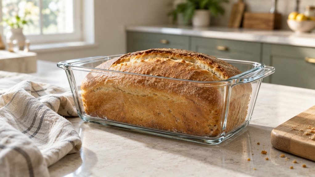 A photograph of a single clear glass bread-baking mould resting on a pale stone countertop in a calm, modern kitchen, composed horizontally in a 16:9 landscape frame. The rectangular mould is the hero of the scene, its sturdy transparent walls catching soft highlights and revealing a freshly baked golden loaf inside. A simple linen tea towel lies loosely beside it, with a wooden bread board and a few crumbs nearby, suggesting an everyday kitchen moment rather than a staged di