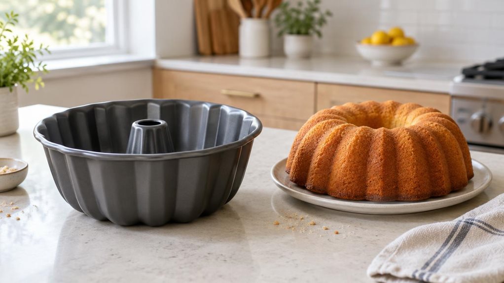 A photograph of a single dark, nonstick Bundt cake pan resting on a pale stone kitchen island, its fluted ring shape clearly visible and catching soft highlights along the rim. A freshly baked golden Bundt cake sits beside it on a simple ceramic serving plate, showing an even rise and crisp, elegant ridges. A few crumbs and a linen tea towel lend the scene a relaxed, lived-in feel without clutter. In the softly blurred background, a bright modern kitchen with light wood cabin