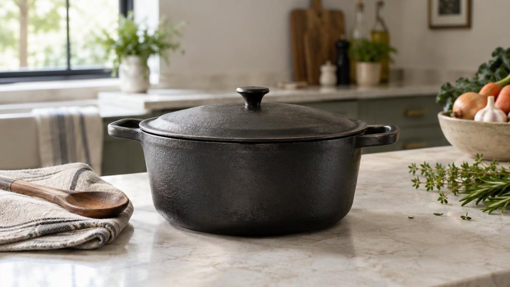 A photograph of a single matte-black cast iron pot with a matching lid, resting on a pale stone kitchen island in a calm, modern home. The pot is the clear hero, its sturdy side handles, gently rounded body, and small lid knob rendered with realistic weight and subtle signs of everyday use. A folded linen towel and a wooden spoon sit nearby, while a few fresh herbs and a bowl of vegetables add quiet kitchen context without drawing focus. In the softly blurred background, unde