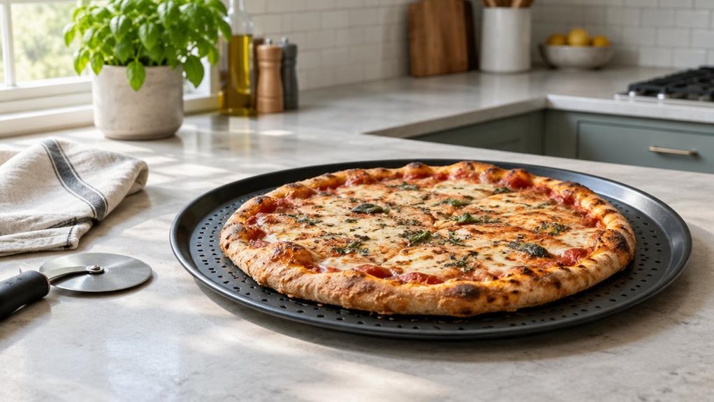 A photograph of a single round, 32 cm pizza tray resting on a pale stone countertop in a bright, modern home kitchen. The dark, perforated metal tray holds a freshly baked pizza with a golden, crisp-looking crust, melted cheese, and scattered herbs. A pizza wheel and folded linen napkin sit nearby, suggesting a relaxed meal without making the scene feel staged. The tray is the clear hero, shown at a natural three-quarter angle with its perforations and lightly textured surfac