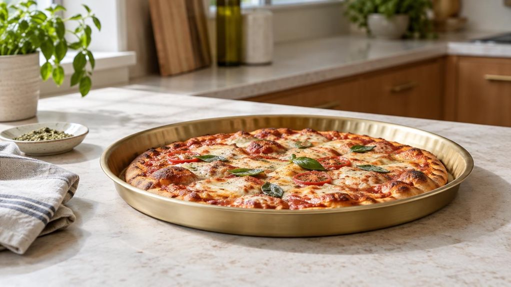 A photograph of a single round gold-finished pizza pan resting on a pale stone countertop in a calm, modern home kitchen. The pan is the clear hero, its shallow fluted rim and brushed metallic surface catching the soft natural light from a nearby window. A freshly baked pizza sits on it, with a few browned cheese bubbles and lightly crisped edges, suggesting a casual meal without showing anyone mid-action. A folded linen tea towel and a small dish of herbs sit nearby, adding 