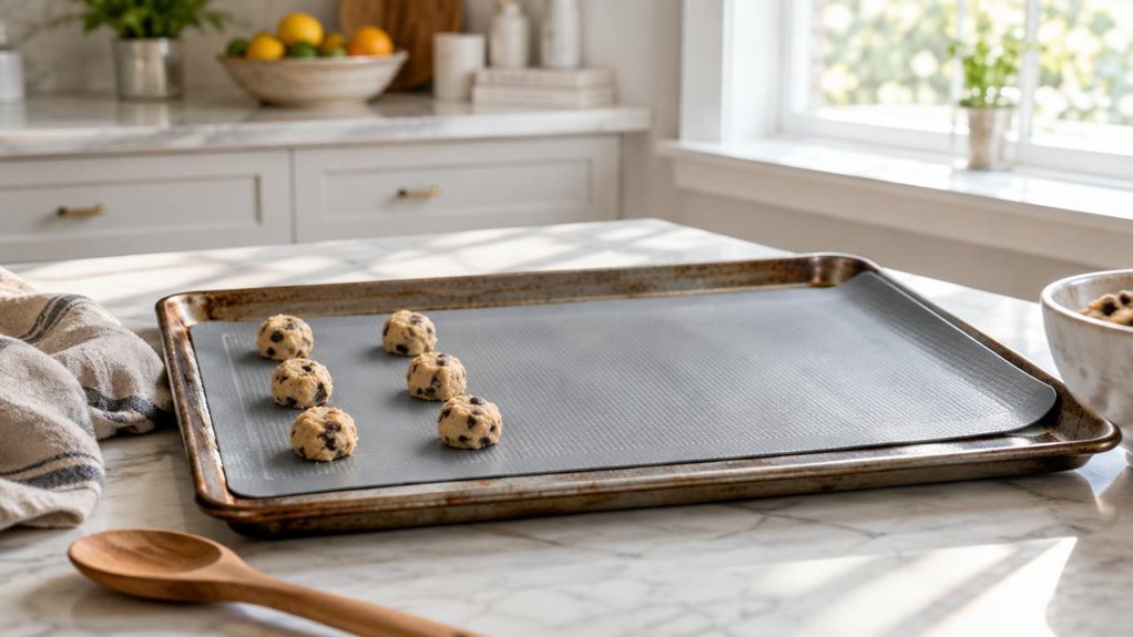 A photograph of a single silicone baking mat laid flat on a well-used rimmed baking sheet on a bright, modern kitchen counter, composed horizontally in a 16:9 landscape frame. The mat is the clear hero, its muted gray surface and subtle grid texture visible in crisp detail, with softly rounded corners and a slight natural curl at one edge. A few unbaked cookies rest casually on one side, while a folded linen towel and a wooden spoon sit nearby, suggesting everyday baking with