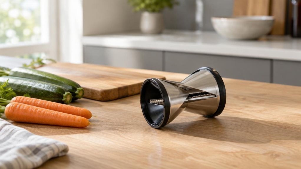 A photograph of a sleek stainless-steel spiral cutter resting naturally on a light oak kitchen counter, captured in a horizontally composed 16:9 landscape frame with a calm, editorial feel. The compact tool sits beside a few neatly arranged zucchini, carrots, and a wooden cutting board, suggesting everyday meal prep without any action in progress. Soft morning daylight streams in from the left, creating gentle highlights on the polished metal and subtle shadows across the cou