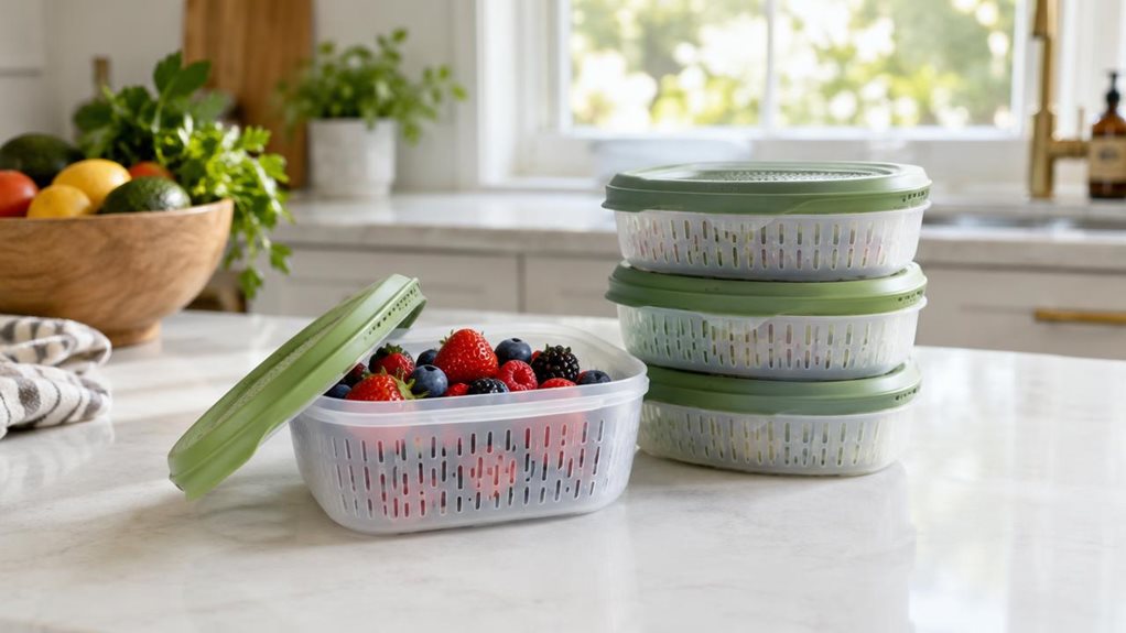 A photograph of a single set of four reusable fruit and vegetable savers arranged naturally on a bright kitchen counter, with one open container holding fresh berries and the remaining containers nested beside it. The product is the clear hero, shown in a realistic home setting near a bowl of produce and a softly sunlit window. The scene is horizontally composed in a 16:9 landscape frame, with a candid, observational feel, as though casually captured with a high-end camera. G