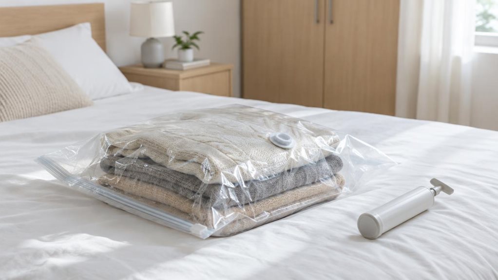 A photograph of a single clear vacuum storage bag resting on a neatly made bed in a bright, modern bedroom, composed horizontally in a 16:9 landscape frame. The bag is partially filled with folded sweaters and gently compressed, its transparent plastic showing realistic creases, sealed edges, and a visible valve. A small, plain hand pump sits nearby, suggesting the bag is ready for use without interrupting the quiet scene. Soft natural daylight falls across the white bedding 