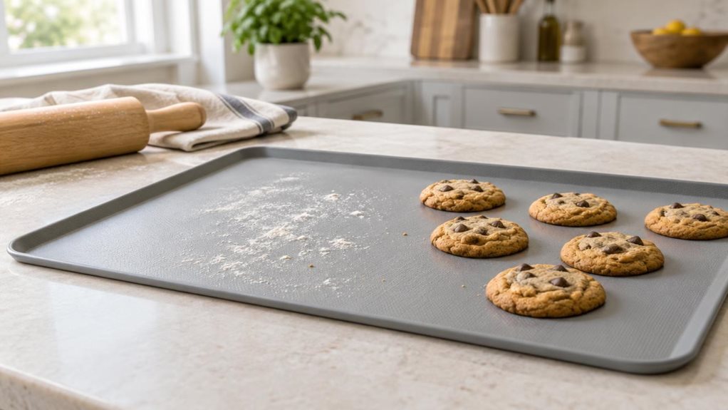 A photograph of a large, unbranded silicone baking mat with raised edges, spread across a light stone countertop in a bright, modern home kitchen. The mat is the clear hero, its flexible silicone surface and shallow perimeter ridge shown in crisp detail, with a few neatly arranged cookies and a dusting of flour suggesting everyday baking without capturing anyone mid-action. A wooden rolling pin and folded linen towel sit casually nearby, adding warmth without competing for at