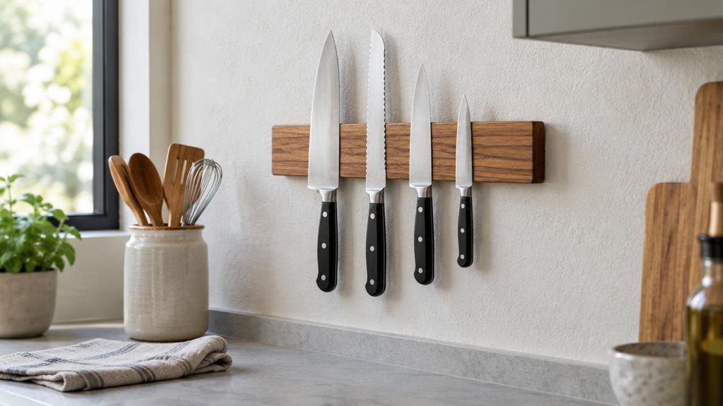 A photograph of a 40 cm acacia wood magnetic knife rack mounted horizontally on a pale, lightly textured kitchen wall, with a small, carefully arranged selection of chef’s knives held securely along its surface. The rack is the clear hero, its warm wood grain and subtle satin finish contrasting with the cool metal blades and understated modern cabinetry. A section of countertop below holds a ceramic utensil crock and a folded linen towel, suggesting an everyday home kitchen w