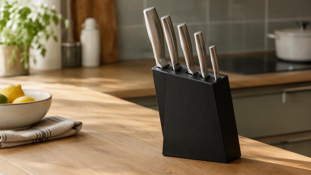 A photograph of a sleek matte-black knife block set resting naturally on a light oak kitchen countertop in a modern, softly styled home kitchen, captured in a wide 16:9 landscape frame. The block holds five stainless-steel knives with clean, minimal handles, arranged neatly and facing slightly different angles, giving a subtle sense of everyday use without feeling staged. Warm natural daylight streams in from an unseen window, creating gentle highlights along the blade edges 