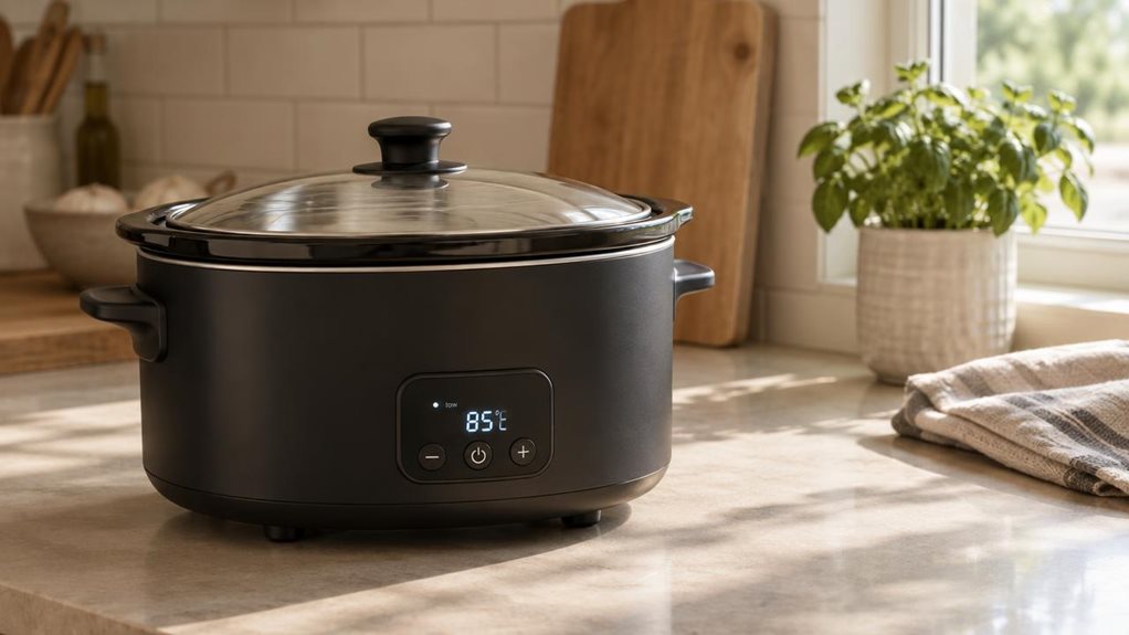 A photograph of a matte black 6L slow cooker resting on a sunlit kitchen countertop, its brushed stainless steel lid catching soft reflections from a nearby window. The scene is horizontally composed in a 16:9 landscape frame, capturing the cooker slightly off-center to the left, allowing negative space on the right where a folded linen kitchen towel and a small potted herb plant sit gently blurred in the background. Warm, natural daylight spills across the countertop, castin