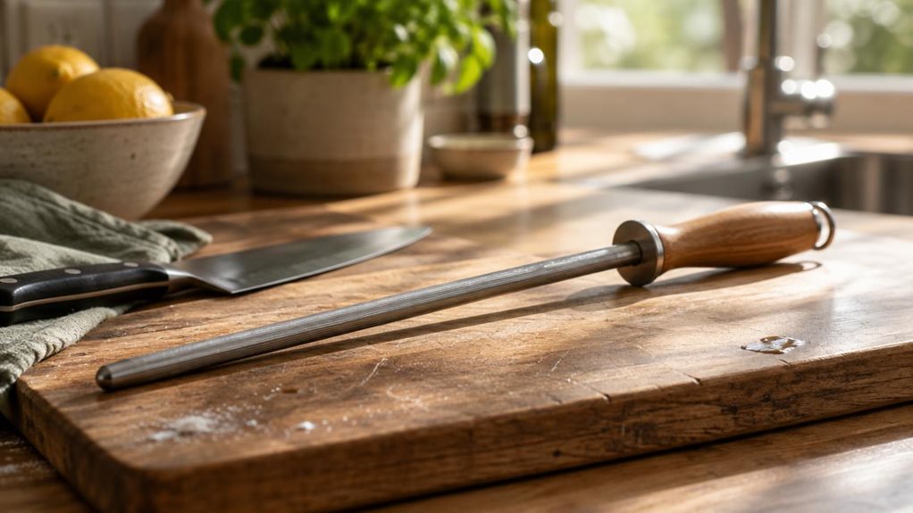 A photograph of a wooden kitchen countertop bathed in soft morning light streaming through a nearby window. The Opinel sharpening steel rests diagonally across a worn oak cutting board, its long steel rod catching gentle highlights along its ridged surface. The wooden handle, honey-toned and ergonomically shaped, shows subtle grain patterns and a faint patina from use. Beside it, slightly out of focus, sits a chef's knife and a folded linen kitchen towel in muted sage green. 