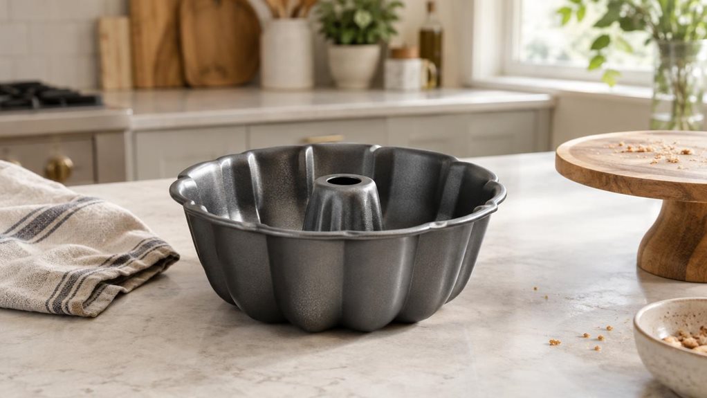 A photograph of a single classic Bundt cake pan resting on a pale stone kitchen counter, framed in a horizontally composed 16:9 landscape scene. The pan is the clear hero: a realistic, dark gray nonstick metal mold with a central tube and evenly spaced fluted sides, its subtle surface texture catching the light. It sits naturally beside a folded linen tea towel and a small wooden cake stand, with a few crumbs suggesting an everyday baking space without showing anyone mid-acti