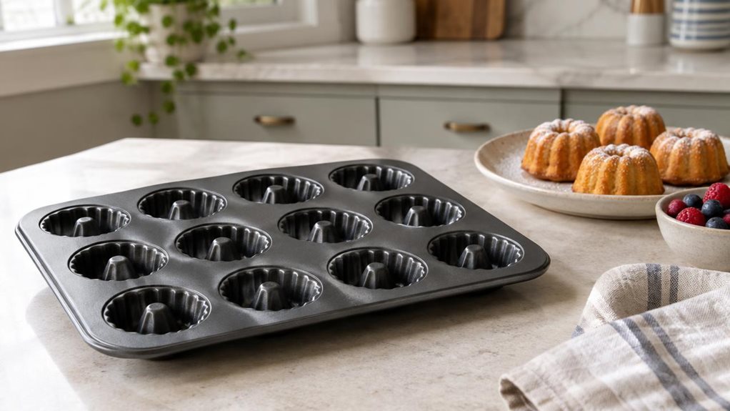 A photograph of a single dark charcoal mini Bundt pan resting on a pale stone kitchen counter, composed as a horizontal 16:9 landscape. Its sturdy molded form and row of small fluted cavities are clearly visible, with a few freshly baked golden mini cakes arranged on a simple ceramic plate nearby. A linen tea towel and a small bowl of berries lend the scene an understated, lived-in feel without distracting from the pan. The composition feels candid and observational, as if ca
