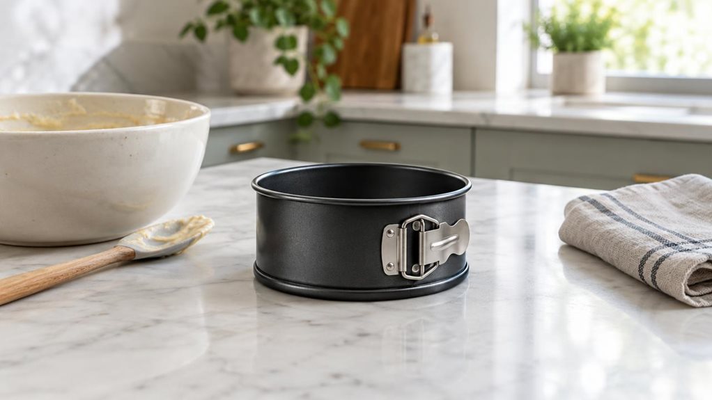 A photograph of a single mini springform cake tin resting on a clean marble countertop in a modern, sunlit kitchen, composed in a horizontal 16:9 landscape frame. The tin is centered as the hero product, shown in-situ beside a partially prepared dessert scene: a mixing bowl, a spoon, and a folded linen towel softly arranged nearby, suggesting quiet everyday baking rather than action. The cake tin has a realistic matte dark finish with a smooth latch and removable base, catchi