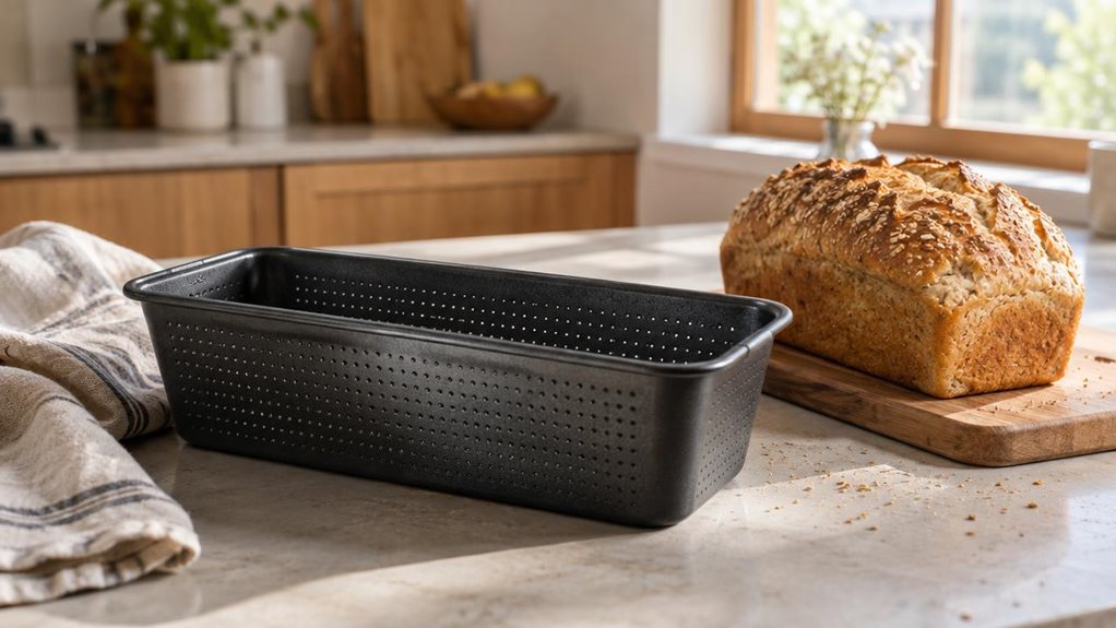 A photograph of a single perforated bread mould resting naturally on a pale stone kitchen counter in a softly lit home kitchen. The dark, nonstick rectangular mould is the clear hero, its fine perforations and gently rounded corners sharply visible, with a freshly baked golden loaf set beside it on a simple wooden board. A linen tea towel and a few scattered crumbs add understated signs of everyday use without making the scene feel staged. In the softly blurred background, wa