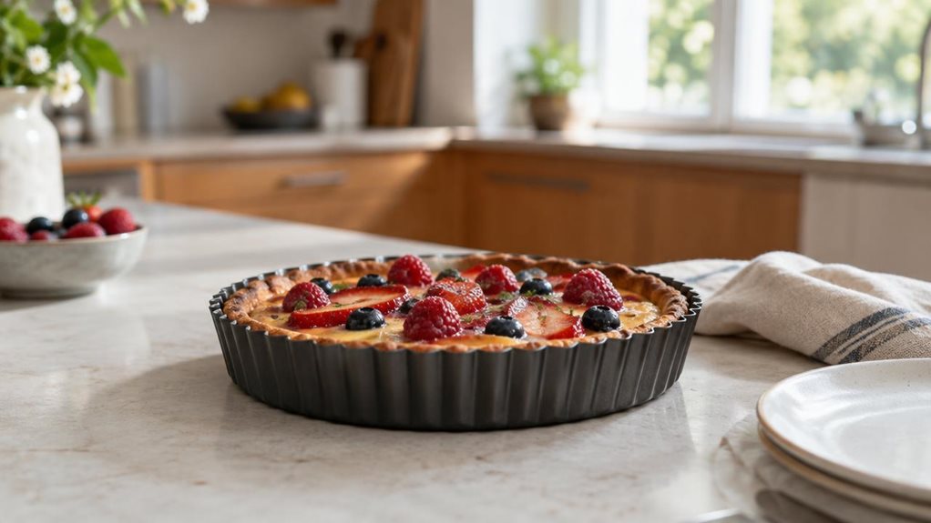 A photograph of a single round tart tin resting on a pale stone kitchen counter, its fluted sides and dark nonstick finish clearly visible. A freshly baked fruit tart sits inside, with a golden crust and a few glossy berries arranged casually on top. The tin is the hero of the scene, placed near a folded linen tea towel and a small plate, as if it has just been set out after baking. In the softly blurred background, a bright, lived-in kitchen shows hints of wooden cabinetry a