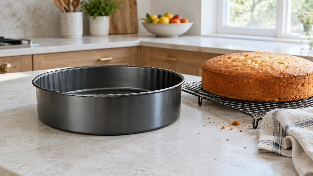 A photograph of a single classic 35 cm round cake tin resting on a pale stone kitchen counter, with its smooth dark metal sides and gently fluted rim clearly visible. The tin sits beside a cooling rack holding a freshly baked golden sponge cake, with a folded linen tea towel and a few scattered crumbs adding a relaxed, lived-in feel. In the softly blurred background, a bright home kitchen features light wood cabinetry, a sunlit window, and a small bowl of fruit. The horizonta