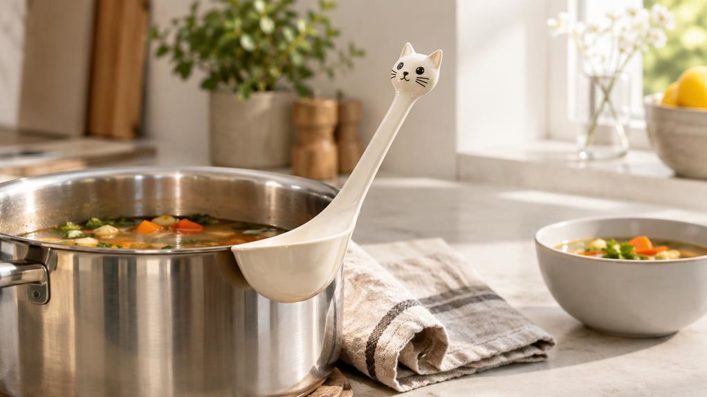 A photograph of a whimsical cat-shaped soup ladle resting casually on the edge of a ceramic soup pot in a modern, softly styled kitchen, captured in a horizontal 16:9 landscape composition. The ladle is the clear hero of the scene, with its playful cat-face handle and glossy, food-safe finish visible in crisp detail, while the background gently falls into a soft blur. Warm natural daylight streams in from a nearby window, casting subtle highlights across the stainless steel p