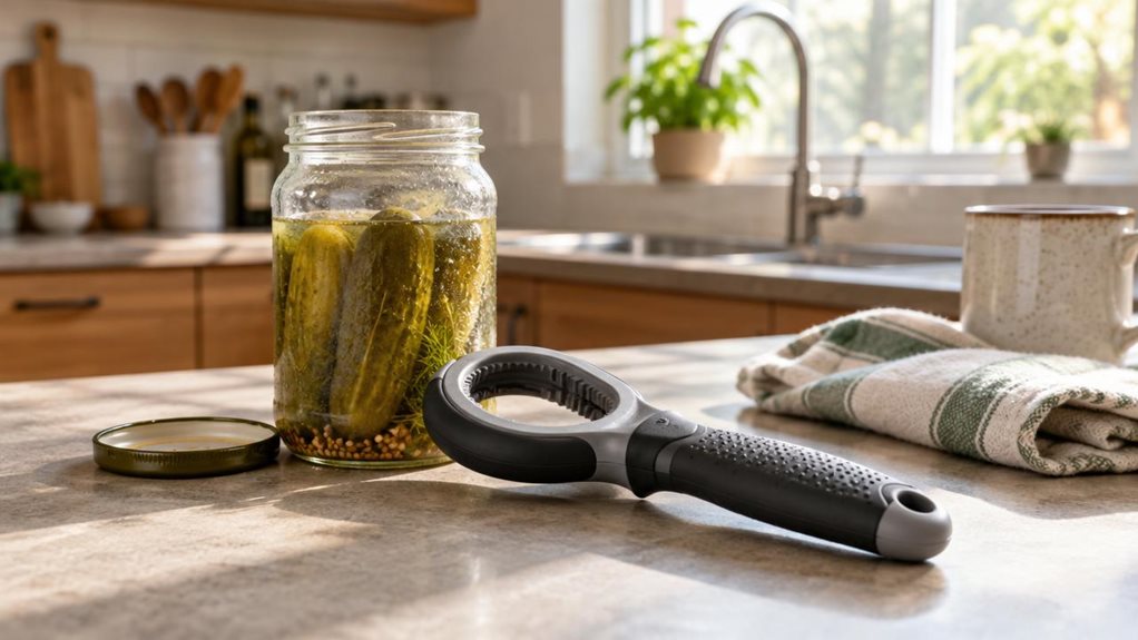 A photograph of a sunlit kitchen countertop, captured in a wide 16:9 landscape composition. In the foreground, slightly off-center, rests a rubber-gripped jar opener with a contoured, ergonomic handle designed for easy leverage, its textured surface catching soft morning light streaming through a nearby window. The opener lies casually beside a half-opened glass jar of pickles, condensation faintly visible on the jar's surface, suggesting recent use. A folded kitchen towel an