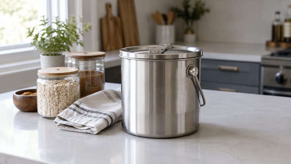 A photograph of a single compact, 3-liter stainless steel storage bucket resting on a clean kitchen counter, shown in a horizontally composed 16:9 landscape scene. Its brushed metal body, fitted airtight lid, and small side handle are clearly visible, with realistic reflections and subtle signs of everyday use. The bucket sits naturally beside a folded linen towel and a few pantry staples, making it the quiet focal point of a modern, uncluttered kitchen. The framing feels can