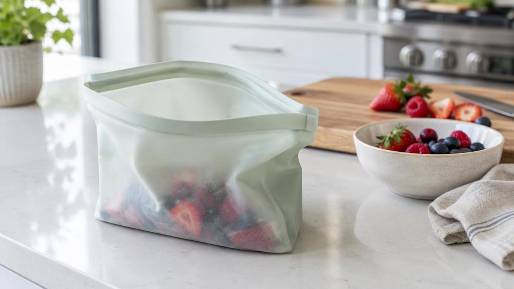 A photograph of a single reusable silicone food storage bag styled as a modern kitchen lifestyle product, placed casually on a clean quartz countertop beside a wooden cutting board, a small bowl of fresh berries, and a linen napkin. The scene is horizontally composed in a 16:9 landscape format, with the bag heroed in the foreground and softly crinkled open to suggest everyday use without any action in progress. Natural window light washes across the matte silicone surface, re