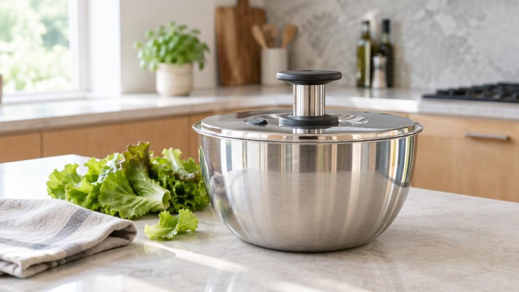 A photograph of a stainless steel salad spinner resting on a pale stone kitchen island in a bright, modern home kitchen, composed horizontally in a 16:9 landscape frame. The single spinner is the clear hero, shown with its polished metal bowl, fitted lid, and simple pump mechanism visible; its reflective surface catches soft highlights from a nearby window. A few fresh lettuce leaves and a folded linen towel sit casually beside it, suggesting everyday use without making the s
