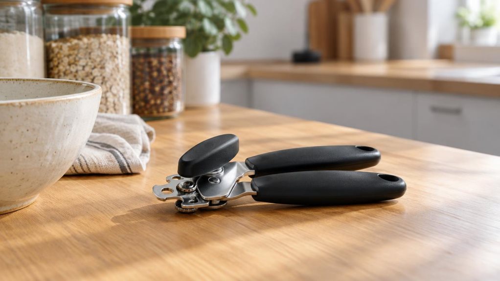 A photograph of a single handheld can opener resting casually on a light oak kitchen counter beside a ceramic bowl, a linen towel, and a few neatly stacked pantry jars, framed in a wide 16:9 landscape composition. The product is the clear focal point, shown in-situ as if left there after everyday use, with its matte black handles, smooth curved grips, and compact metal cutting mechanism rendered in crisp detail. Soft natural morning light pours in from an off-frame window, cr