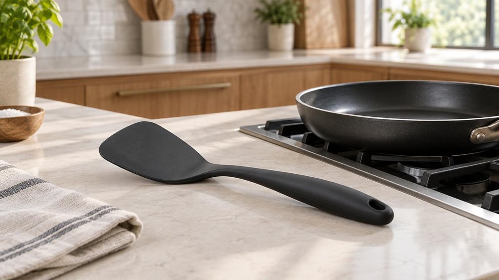 A photograph of a single flexible silicone turner resting beside a stovetop in a bright, modern home kitchen, composed horizontally in a 16:9 landscape frame. The turner is the clear hero: its broad, gently tapered black silicone head and comfortable, softly contoured handle are shown in crisp detail, with realistic matte textures and subtle highlights. It lies casually on a pale stone countertop next to a clean frying pan and a folded linen tea towel, suggesting everyday use