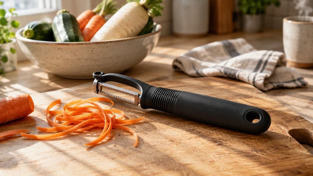 A photograph of an OXO Good Grips julienne peeler resting on a wooden cutting board in a sunlit kitchen, positioned horizontally in a 16:9 landscape composition. The peeler, with its black soft-grip handle and sharp serrated blade, lies diagonally across the board, a few delicate julienned carrot strands curled beside it, catching the light. Soft morning sunlight streams in from a nearby window, casting gentle shadows and highlighting the ergonomic texture of the handle. In t
