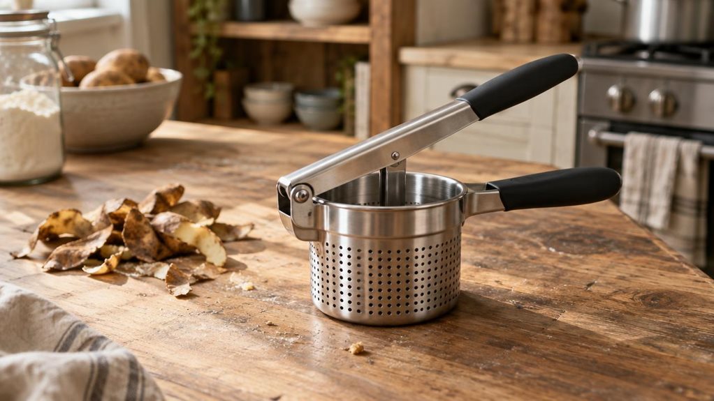 A photograph of a stainless steel potato ricer resting on a weathered wooden kitchen countertop, positioned slightly off-center to the right within a horizontal 16:9 frame. The ricer's black soft-grip handles catch warm, natural light streaming in from an unseen window to the left, casting soft shadows across the textured wood grain. A small pile of russet potato skins sits nearby, slightly out of focus, hinting at recent use without depicting any action. Behind the ricer, a 