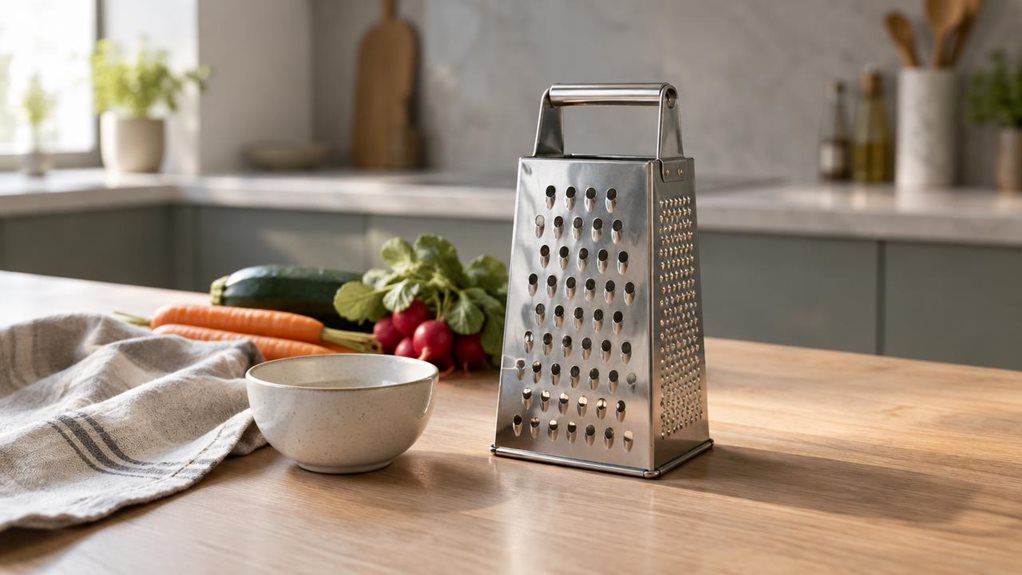 A photograph of a stainless steel box grater resting naturally on a light oak kitchen counter, framed in a horizontal 16:9 landscape composition. The scene feels candid and editorial, as if captured casually in a beautifully designed modern kitchen. The grater is the clear hero, positioned slightly off-center beside a small ceramic bowl, a linen tea towel, and a few fresh vegetables, suggesting everyday use without any action happening. Soft morning light spills in from a nea