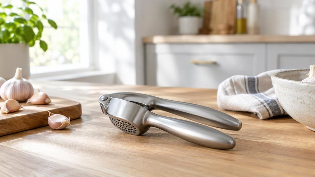 A photograph of a single stainless-steel garlic press resting casually on a light oak kitchen counter in a bright, modern home kitchen, framed in a horizontal 16:9 landscape composition. The press sits beside a small cutting board with a few unpeeled garlic cloves, a linen towel, and a ceramic bowl, suggesting a recently used but calm, everyday cooking scene rather than an active step. The product is heroed in the foreground with crisp detail on its smooth ergonomic handles a