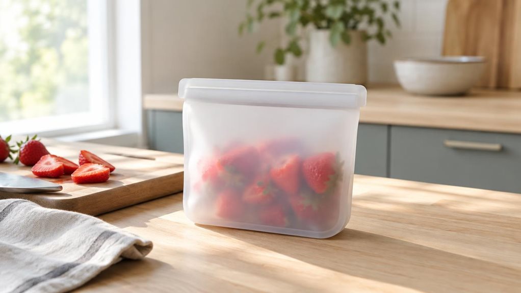 A photograph of a single reusable silicone pouch resting casually on a light oak kitchen counter, framed in a horizontally composed 16:9 landscape scene. The pouch is the clear focal point, shown unopened and neatly upright beside a cutting board, a few sliced strawberries, and a linen napkin, suggesting everyday meal prep in a calm, modern home kitchen. Soft morning sunlight streams in from the left, creating gentle highlights on the matte silicone surface and subtle shadows